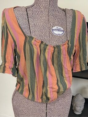 Striped Short-Sleeve Peasant Top in Multi-Color